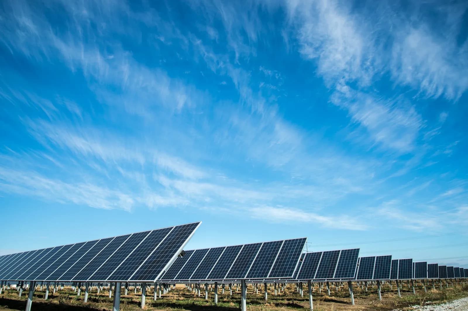 Rows of photovoltaic modules under clear sky